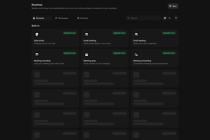 A dark-themed "Routines" dashboard interface displaying built-in automation options including Daily briefs, Email drafting, Email labeling, Meeting recording, Meeting prep, and Meeting scheduling, each marked as "Upgrade to pro".