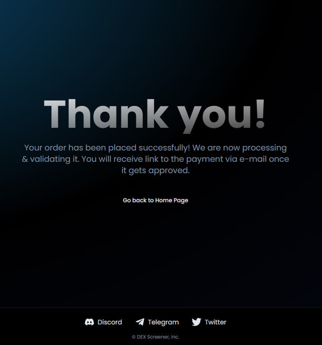 A thank-you confirmation screen from DEX Screener indicating a successful order placement, awaiting email payment link approval, paired with a post announcing the launch of "$CATECOIN" on Solana with its contract address and DexScreener link.