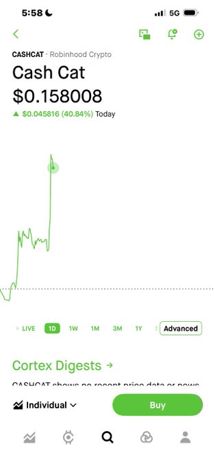 A mobile screenshot from Robinhood Crypto shows the "Cash Cat" (CASHCAT) token trading at $0.158008, up 40.84% for the day, with a 1D line chart illustrating a recent price spike.
