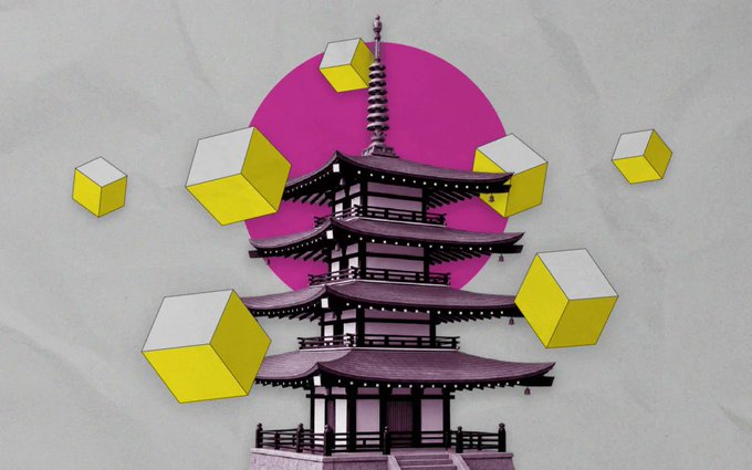A collage featuring a traditional Japanese pagoda set against a pink circle, surrounded by floating yellow isometric cubes on a crumpled paper background.