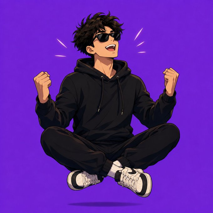 ikebana artist creates a black and white illustration of a young man with curly hair, wearing sunglasses and a hoodie, sitting on his hands against a purple background.