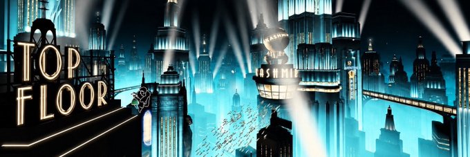 An illustration of a futuristic blue-lit cityscape at night with a neon sign reading 'TOP FLOOR' on the left.