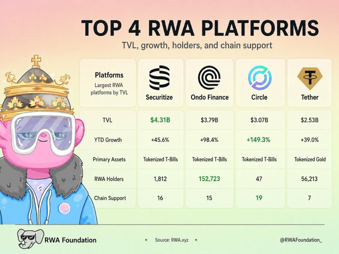 The image shows a list of four RWA platforms, each with their own unique assets, listed out against a background that includes a cartoon character wearing glasses and a crown. The text at the bottom of the image reads "Top 4 RWA Platforms", indicating the title of the post. The first platform on the list is @Securitize, followed by @OndoFinance, and then @circle. These platforms have chosen to focus on the same asset, which could be a valuable insight for investors or anyone interested in understanding the current trends within the RWA sector.