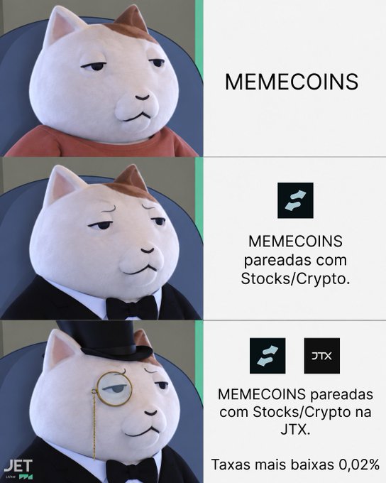 A three-panel meme uses the 'increasingly sophisticated' cat template to depict 'MEMECOINS' as basic, then associated with pareadas.com Stocks/Crypto, and finally featuring a monocled cat representing MEMECOINS on pareadas.com Stocks/Crypto at JTX with 'Taxas mais baixas 0,02%'.