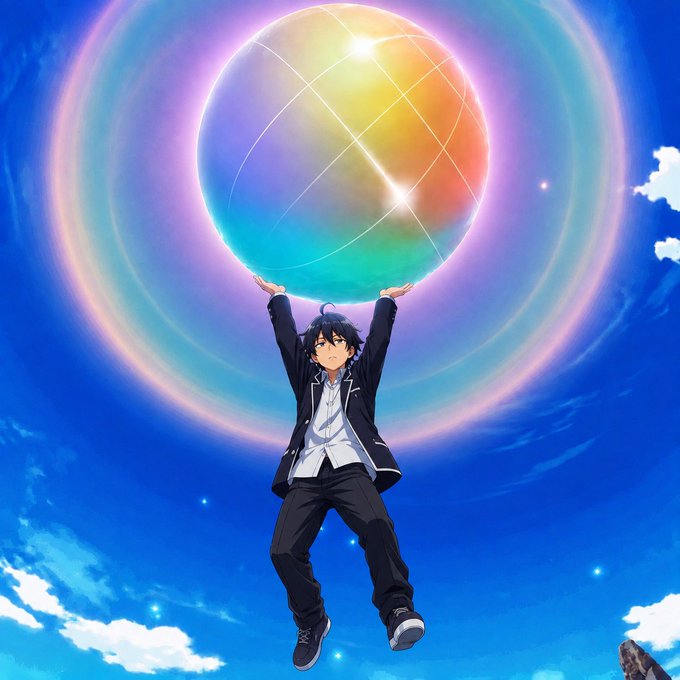 An anime-style illustration of a young man in a school uniform holding up a glowing, colorful, iridescent sphere against a bright blue sky with swirling light rings.