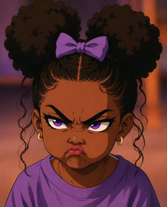 An animated illustration of a young Black girl with afro puffs tied with a purple bow, displaying an angry expression while wearing a purple shirt.