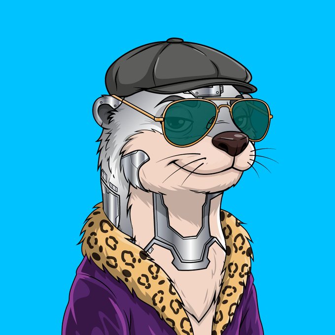 A cartoon illustration of an anthropomorphic animal (resembling a bear or dog) wearing a grey newsboy cap, green sunglasses, a leopard-print collar, and a purple jacket against a cyan background.