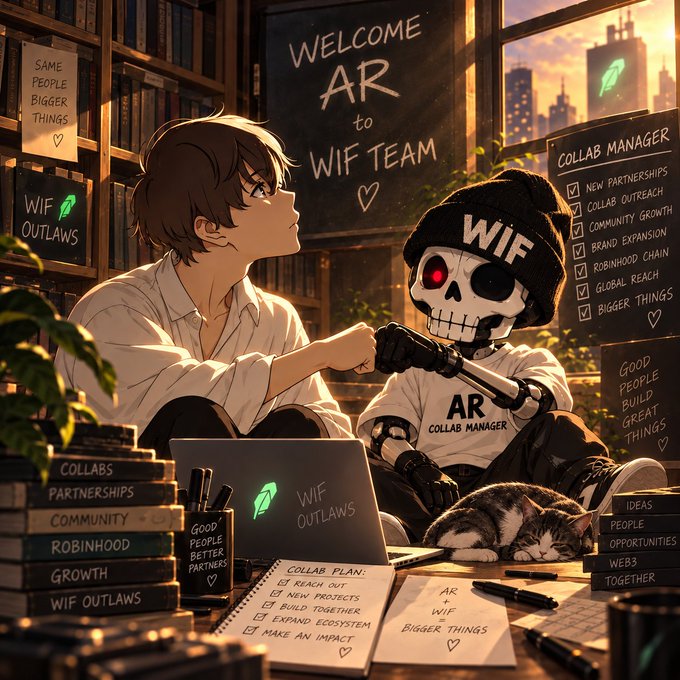 The image is a warm, anime-style illustration showing a young man fist-bumping a skeleton mascot wearing a "WIF" beanie and an "AR COLLAB MANAGER" shirt, with a welcome chalkboard reading "WELCOME AR to WIF TEAM" alongside checklists for new partnerships, community growth, and brand expansion—visually celebrating tenacious_ar joining RobinWifHat's team in a CM role.