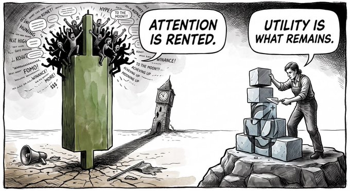 The image is a split-panel editorial cartoon: on the left, a crowd of cheering figures and speech bubbles filled with crypto buzzwords like "HYPE," "MOON," "ROCKET," "FOMO," "RUNNING," and "$$$" surround a green candlestick (referencing $KONET), with text reading "ATTENTION IS RENTED," while on the right, a lone man calmly stacks blocks on a rocky cliff declaring "UTILITY IS WHAT REMAINS."

The cartoon visually reinforces the post's message about crypto community dynamics—contrasting the loud, fleeting hype around green price action with the quiet, enduring work of building lasting value.