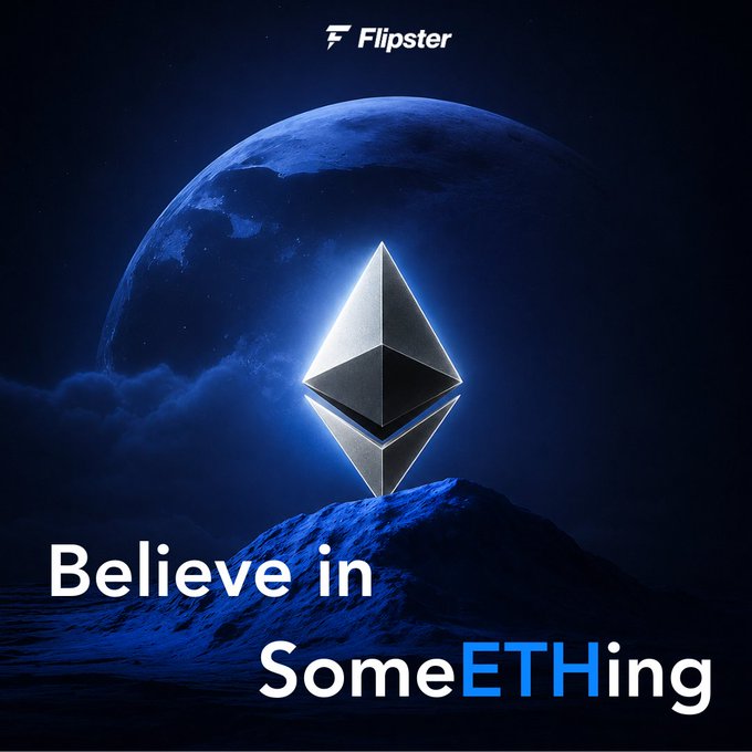 A promotional graphic for Flipster with a glowing Ethereum logo above a moonlit landscape, accompanied by the text 'Believe in SomeETHing'.