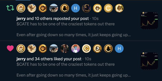 A social media screenshot shows two notifications indicating that "jerry and 10 others reposted" and "jerry and 34 others liked" a post about the $CATE token, which describes it as "one of the craziest tokens out there" that keeps going up despite dips. The image relates to the caption by visually demonstrating the strong community engagement and support for $CATE through the high number of reposts and likes.