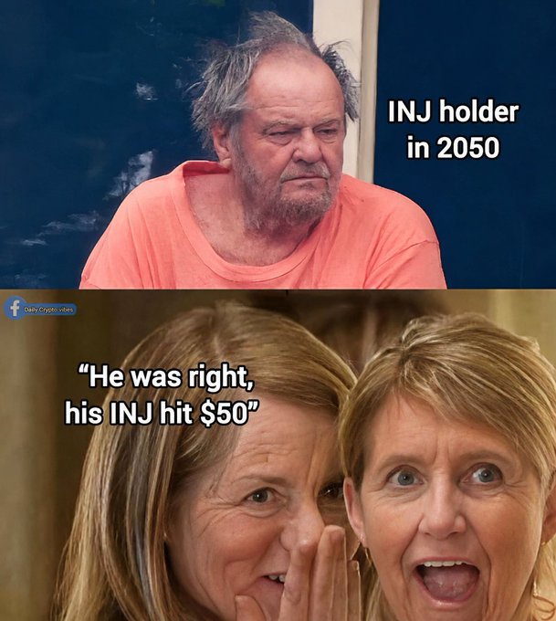 The image shows two people next to each other, one of them laughing while the other looks sad or serious. A caption below the picture reads "POV: $INJ finally hit $50", which is likely a reference to the joke about an invasive personal information holder.