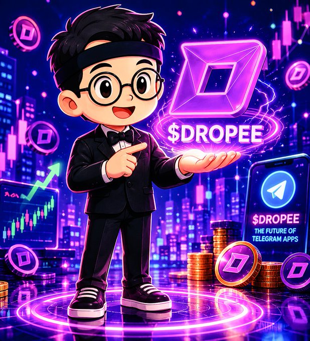 The image features a cartoon boy dressed in a suit, holding up a purple square with the word "DROPEE" written above it. The background of the image shows a cityscape filled with buildings and neon lights, creating an urban atmosphere. In the bottom right corner of the image, there is text that reads "Good Morning web3 fam The future of Telegram mini apps is becoming very exciting Telegram took over TON. 1B users, $0.0005 fees. Biggest distribution upgrade any chain got this cycle @dropee_app is building a system where ecosystem growth helps support the token".