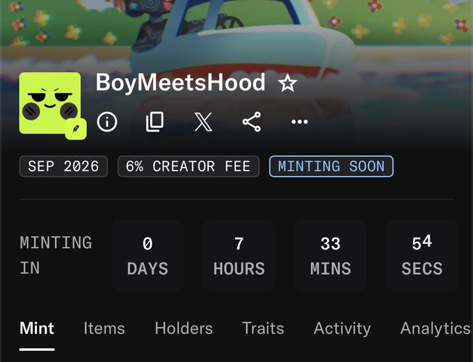 The image shows a "BoyMeetsHood" NFT collection page with a 6% creator fee, set to mint in 0 days, 7 hours, 33 minutes, and 54 seconds, featuring a green frog avatar with sunglasses. The page relates to the post highlighting the upcoming mint of the 4,444 supply "BoyMeetsHood" Robinhood-themed NFT, where holders can secure whitelist spots at a mint price of $6.81.