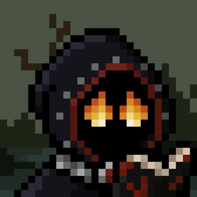 A pixel art illustration of a dark, hooded figure with glowing orange cross-shaped eyes, rendered in a dark, moody color palette.