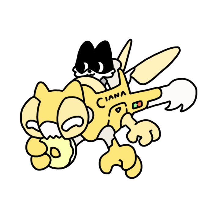 The illustration features a cute yellow robot-like creature with the name "CIANA" written on its side and a small red/green pixel detail, being ridden by a black cat-like character with large expressive eyes. This matches the post's celebration of adorable, robot-themed NFT artwork from the XRPLNFTJP community, showcasing the charming line art style typical of these digital collectibles.