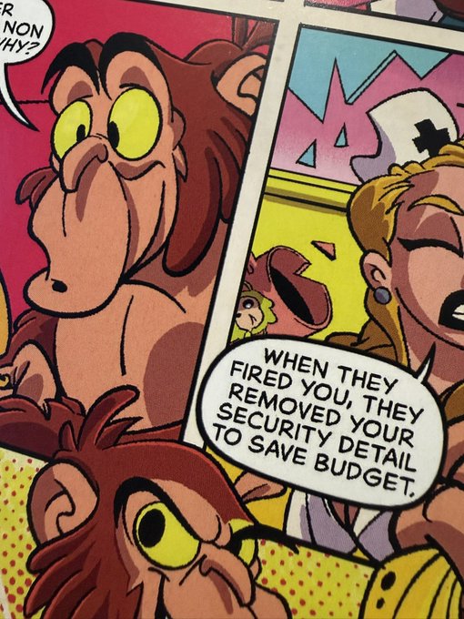 A close-up of a comic book page showing characters with dialogue bubbles, including one reading "WHEN THEY FIRED YOU, THEY REMOVED YOUR SECURITY DETAIL TO SAVE BUDGET."