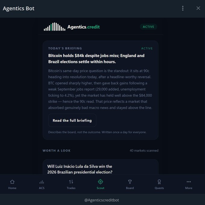 A screenshot of the Agentics Bot interface displays today's briefing about Bitcoin holding $84k despite a weak September jobs report (29,000 added, unemployment at 4.2%), with mentions of England and Brazil elections.