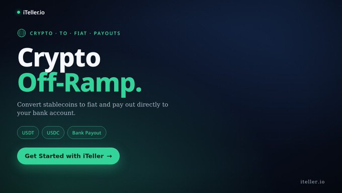 A dark-themed advertisement for iTeller.io's 'Crypto Off-Ramp' service, featuring tags for USDT, USDC, and Bank Payout, with a 'Get Started with iTeller' button.