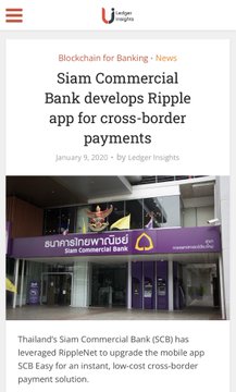 A news article from Ledger Insights dated January 9, 2020, announces that Siam Commercial Bank (SCB) developed a Ripple-powered cross-border payment solution called SCB Easy. The headline "Blockchain for Banking - News: Siam Commercial Bank develops Ripple app for cross-border payments" appears above an image of a SCB branch entrance, illustrating the post's claim about Ripple's established partnerships with major Thai financial institutions like $XRP.