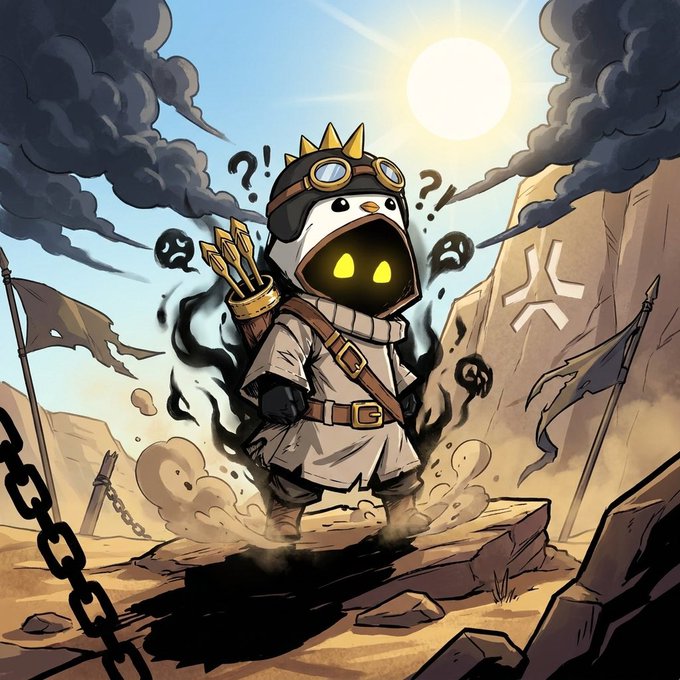 An illustration of a small, hooded character wearing goggles and a crown, standing on a rocky outcrop with dark smoky tendrils and a quiver of arrows, surrounded by small black creatures and question marks.