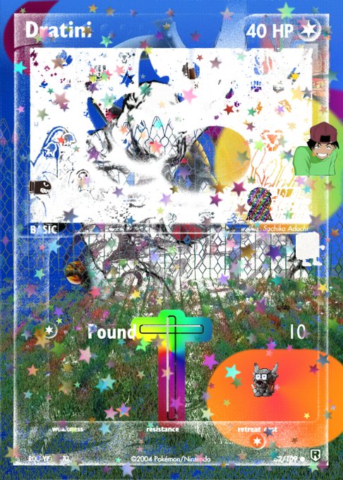 A Pokémon trading card featuring Dratini, showing 40 HP with 'Found' and '10' text, dated 2004 Pokémon/Nintendo copyright, with a glitchy/overlaid art style including stars and colorful imagery.
