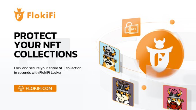 The image features a poster for a product called "FlokiFi" that protects users' NFT collections from theft or unauthorized access. The poster includes various images of cats, dogs, and other animals, along with text promoting the product's security feature. The main focus is on the message "Protect your NFT collections Lock and secure your entire NFT collection in seconds with FlokiFi Locker FlokiFi.com".