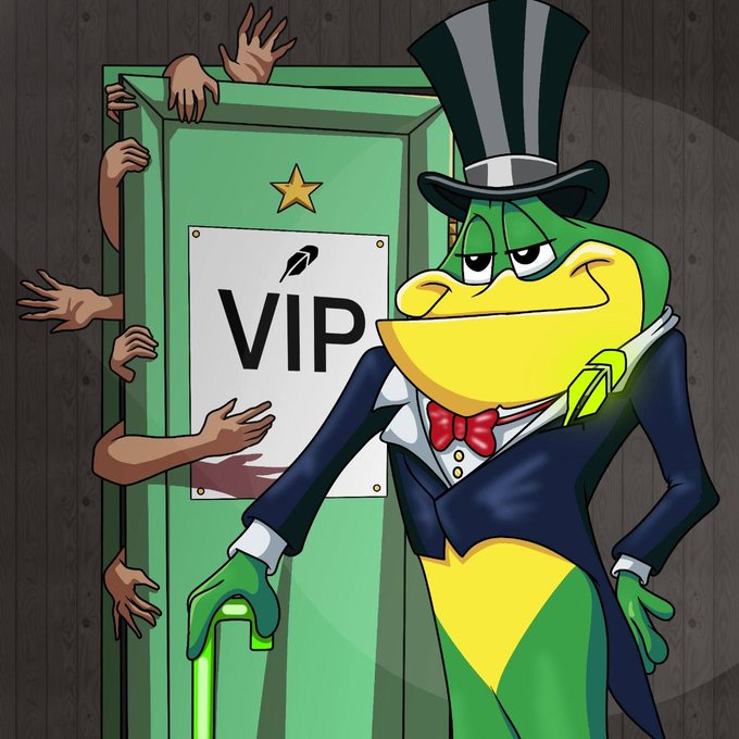 A cartoon frog dressed in a tuxedo and top hat stands in front of a VIP door, blocking entry as multiple hands reach out from behind the barrier. The image visually represents the $RIBBIT narrative, showing the frog as an exclusive "VIP" gatekeeper — fitting the post's pitch about Ribbit Capital's ties to Robinhood and the token's potential to leap to new highs.