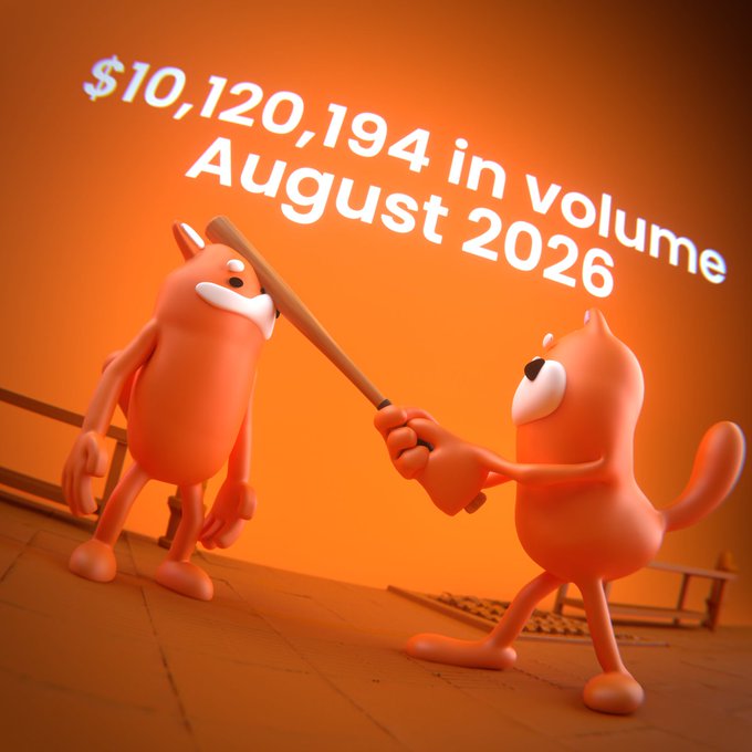 Two orange cartoon fox-like characters face off with a baseball bat against an orange backdrop, with bold text reading "$10,120,194 in volume August 2026" overhead—visually representing the massive trading volume behind BONKfun's standout monthly performance.