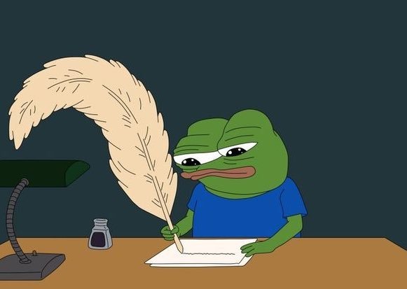 A cartoon image of a sad Pepe the Frog wearing a blue shirt, sitting at a desk writing on paper with a large feather quill, with an ink bottle and lamp nearby.