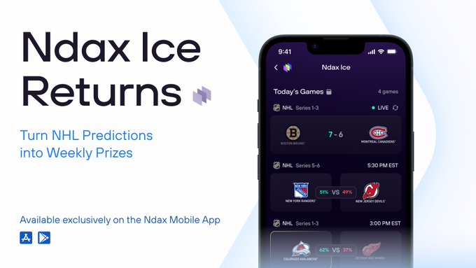 An advertisement for 'Ndax Ice Returns' stating 'Turn NHL Predictions into Weekly Prizes', featuring a mobile phone screen showing 'Today's Games' with NHL matchups including Boston Bruins vs. Montreal Canadiens (7-6, LIVE) and others.