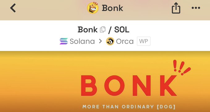 Screenshot showing the Bonk (BONK/SOL) token page on Solana via Orca, branded with 'BONK - MORE THAN ORDINARY [DOG]'.