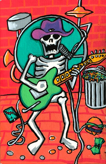 A colorful cartoon painting of a skeleton wearing a purple cowboy hat and sunglasses, playing a green electric guitar while sitting in a chair, surrounded by a trash can, food, and scattered items.