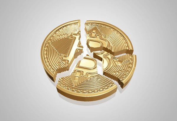 The image features a gold coin with three pieces missing, symbolizing the collapse of Bitcoin's value or the breaking apart of the machine. This visual representation could be related to the post about Bitcoin that emphasizes its potential for real utility to rise from the ashes. The broken coin serves as a metaphor for the perceived failure of Bitcoin and the subsequent shift in focus towards alternative cryptocurrencies like Ripple, which is highlighted by the text "XRP".