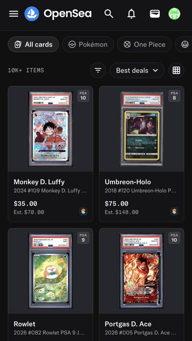 OpenSea app screenshot showing Pokémon trading cards including Monkey D. Luffy (#109) for $35.00, Umbreon-Holo (#120) for $75.00, Rowlet (#082) PSA 9, and Portgas D. Ace (#005) PSA 10.