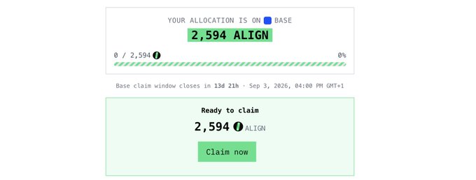 A screenshot showing the claim interface for an $ALIGN airdrop on Base, displaying an allocation of 2,594 tokens with 0 out of 2,594 claimed (0%) before a September 3, 2026 deadline, directly corresponding to the user's post about claiming their $ALIGN tokens despite the post-claim price drop.