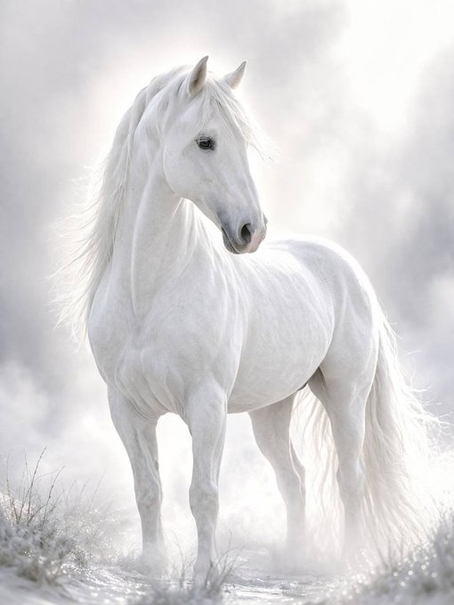 A portrait of a majestic white horse with a flowing mane standing in a misty, dreamlike environment.