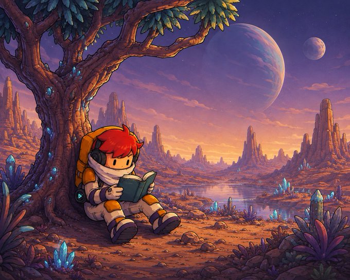 An anime-style illustration of a red-haired astronaut reading a book under a tree on an alien planet with crystals, twin planets, and a sunset.