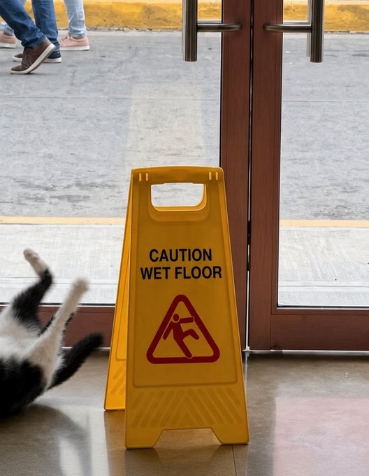 A cat rolls around on the floor near a yellow "CAUTION WET FLOOR" sign by a doorway, while someone stands outside. The cat's playful antics seemingly ignore the warning, prompting the caption's suggestion to add "meow subtitles" to narrate the feline's apparent disregard for the hazard sign.