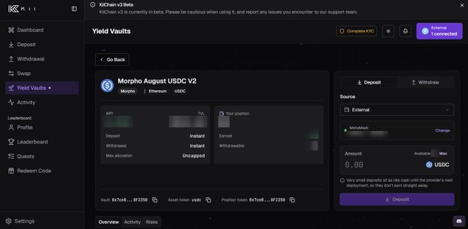 A screenshot of the KiiChain v3 Beta DeFi platform showing the "Morpho August USDC V2" yield vault on Ethereum, with options to Deposit or Withdraw USDC.