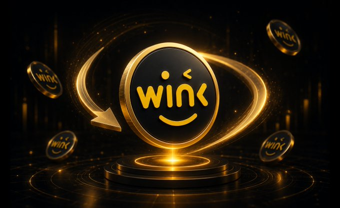 A glowing golden WINk coin with a winking smiley face hovers above a futuristic pedestal, surrounded by orbiting smaller coins and light trails against a dark background. The "WINk" branding and dynamic motion symbolize the high-performance, resilient architecture described in the post about WINkLink's 99.99% oracle stability under extreme network conditions.