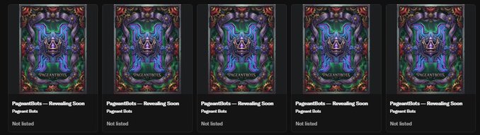 Row of five identical NFT listing cards featuring artwork of a mystical blue creature with tentacles and the text 'ONCE ANTRDTS' and 'PaganiBots — Revealing Soon Pagani Bots Not listed'.