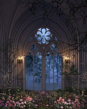A gothic cathedral interior featuring a large pointed arch window with rose window detail, framed by vines and surrounded by pink flowers under soft blue lighting.