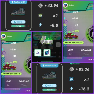 The image displays a collection of screenshots from the STEPN fitness app, showing various sneaker NFT details (Walker Lv24 and two "DrJam" sneakers at levels 29 and 43) with stats like endurance, luck, and energy plus earned points of +43.94 and -16.2. This aligns with the post's mention of earning more tickets and new MB (Mystery Box) sneakers, with the app interface showing the pending unopened assets and badges being earned.