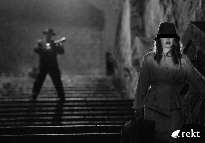 A shadowy figure in a wide-brimmed hat descends a staircase with a suitcase, while a silhouetted gunman in a cowboy hat aims a weapon in the background. The "rekt" watermark appears in the corner, evoking a classic film noir chase scene that mirrors the post's depiction of a stealthy, unseen attacker hunting down Coldcard wallet users.
