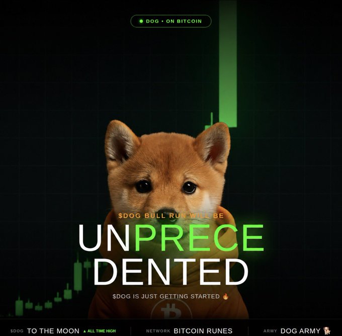 A Shiba Inu dog appears on a dark background with a green candlestick chart, accompanied by text "$DOG • ON BITCOIN" and "$DOG BULL RUN WILL BE UNPRECEDENTED / $DOG IS JUST GETTING STARTED," along with a Bitcoin Runes ticker, visually reinforcing the post's message about $DOG's upcoming bull run on Bitcoin Runes.