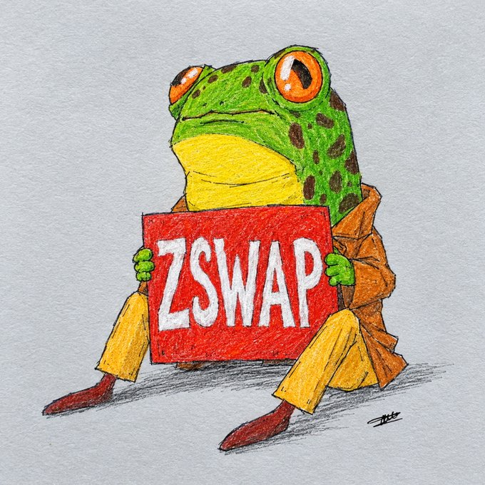 An illustrated drawing of a green frog wearing an orange jacket and yellow pants, holding a red sign that reads 'ZSWAP'.