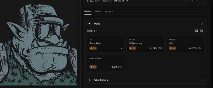 A digital NFT marketplace listing page from OpenSea displays an illustrated ape character with glowing blue eyes and a green hoodie, priced at 0.121 ETH with 4 traits (Street Ogre, Class 1/1 Legendary, Rarity 1 of 1, Rarity Rank 1), aligning with the post's reference to a "cheap" OpenSea collection URL.