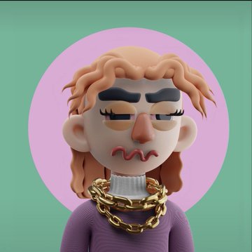 A 3D cartoon-style illustration of a character with curly orange hair, heavy eyelids, a wavy frown, and a thick gold chain necklace, set against a pink and green background.