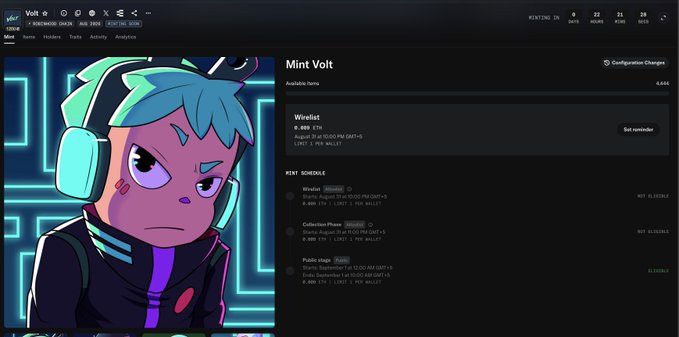A webpage screenshot for "Mint Volt" shows a cartoon character with green hair and headphones, alongside a rent schedule listing "Wirelust" and "Collection Phase" items with NFT identifiers.